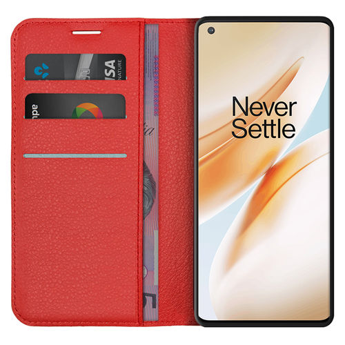 Leather Wallet Case & Card Holder Pouch for OnePlus 8 Pro - Red