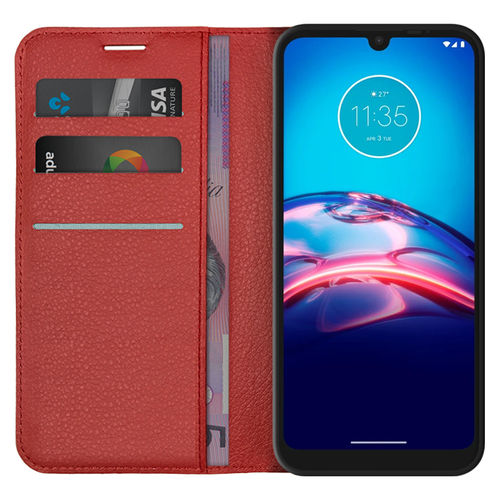 Leather Wallet Case & Card Holder Pouch for Motorola Moto E6s - Red