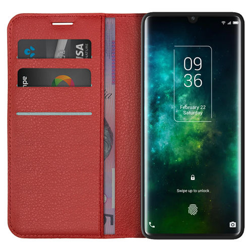 Leather Wallet Case & Card Holder Pouch for TCL 10 Pro - Red