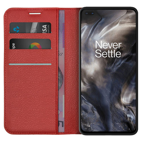 Leather Wallet Case & Card Holder Pouch for OnePlus Nord - Red