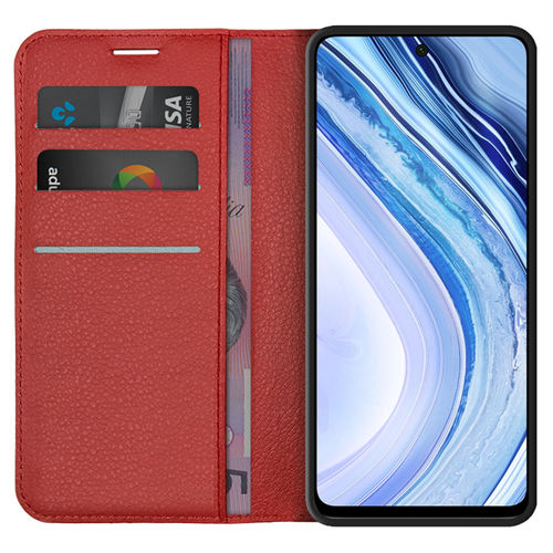 Leather Wallet Case & Card Holder Pouch for Xiaomi Redmi Note 9 Pro - Red