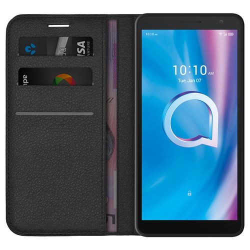 Leather Wallet Case & Card Holder Pouch for Alcatel 1B (2020) - Black