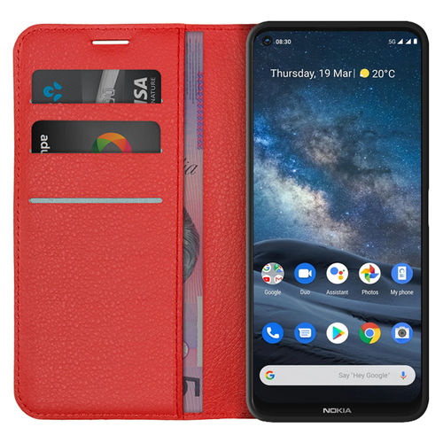 Leather Wallet Case & Card Holder Pouch for Nokia 8.3 5G - Red