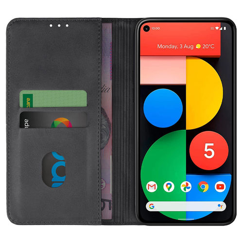 Leather Wallet Case & Card Holder Pouch for Google Pixel 5 - Black