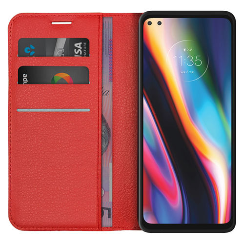 Leather Wallet Case & Card Holder Pouch for Motorola Moto G 5G Plus - Red