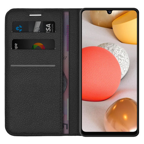 Leather Wallet Case & Card Holder Pouch for Samsung Galaxy A42 5G - Black