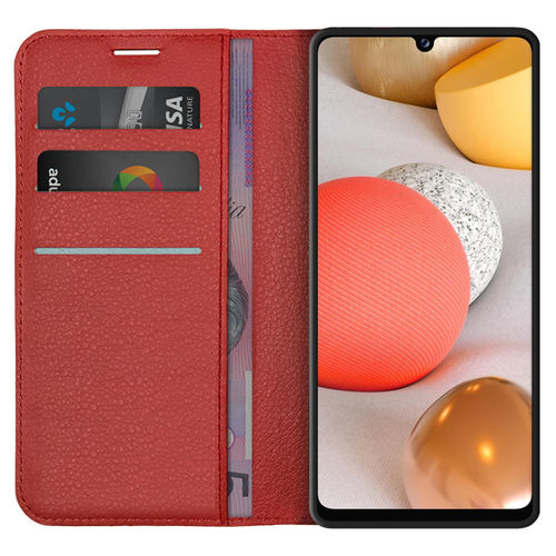 Leather Wallet Case & Card Holder Pouch for Samsung Galaxy A42 5G - Red