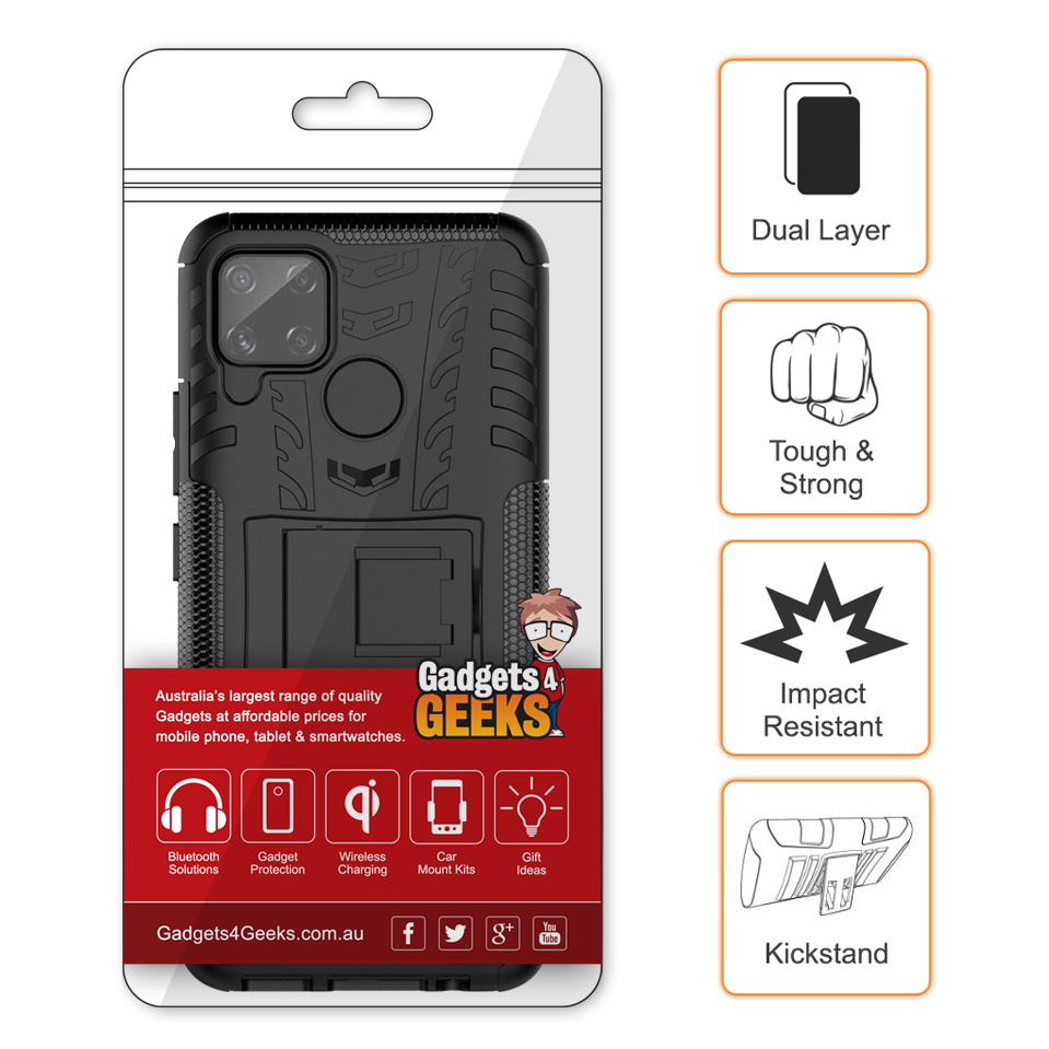 Dual Layer Rugged Tough Case & Stand for realme C11 / C15 - Black