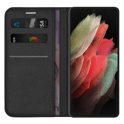 Leather Wallet Case & Card Holder Pouch for Samsung Galaxy S21 Ultra - Black