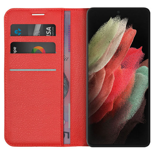 Leather Wallet Case & Card Holder Pouch for Samsung Galaxy S21 Ultra - Red