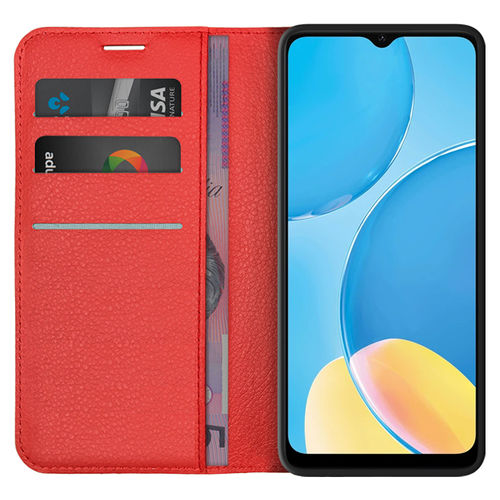 Leather Wallet Case & Card Holder Pouch for Oppo A15 - Red