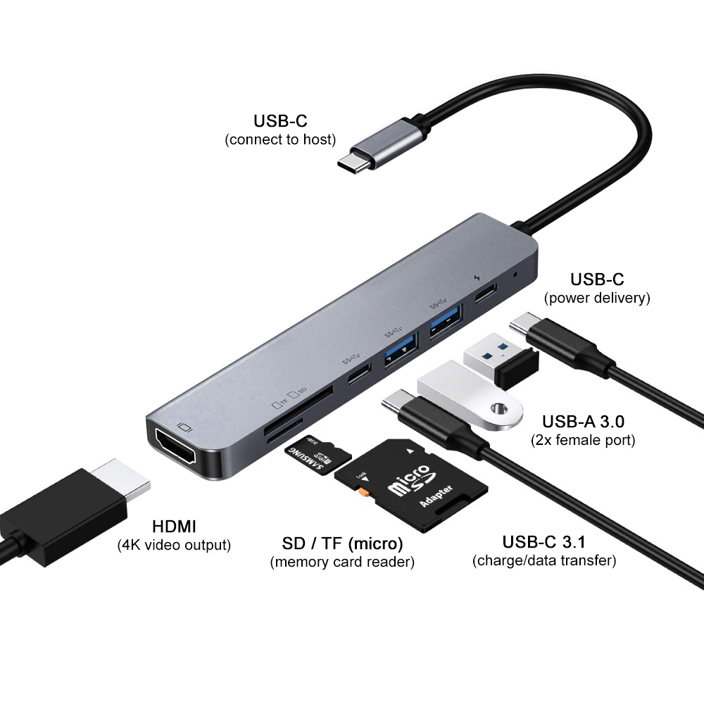 7-in-1 (87W) USB Type-C (PD) Hub Adapter / USB 3.0 / SD Card / HDMI for Laptop / Tablet