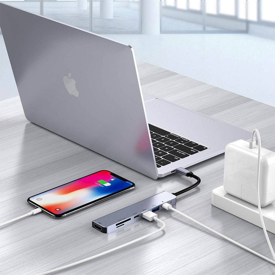 7-in-1 (87W) USB Type-C (PD) Hub Adapter / USB 3.0 / SD Card / HDMI for Laptop / Tablet