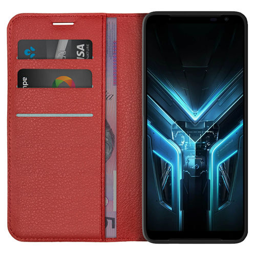 Leather Wallet Case & Card Holder Pouch for Asus ROG Phone 3 - Red