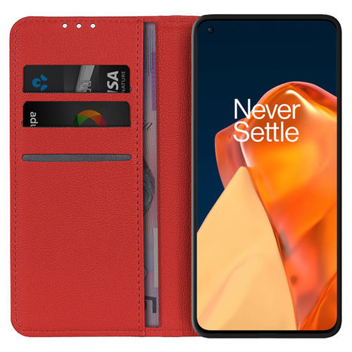 Leather Wallet Case & Card Holder Pouch for OnePlus 9 - Red