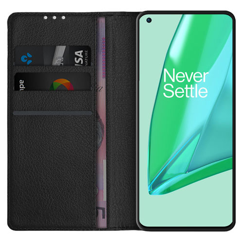 Leather Wallet Case & Card Holder Pouch for OnePlus 9 Pro - Black