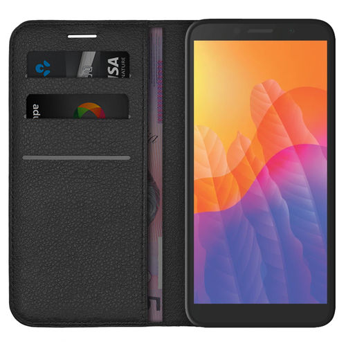 Leather Wallet Case & Card Holder Pouch for Huawei Y5p - Black