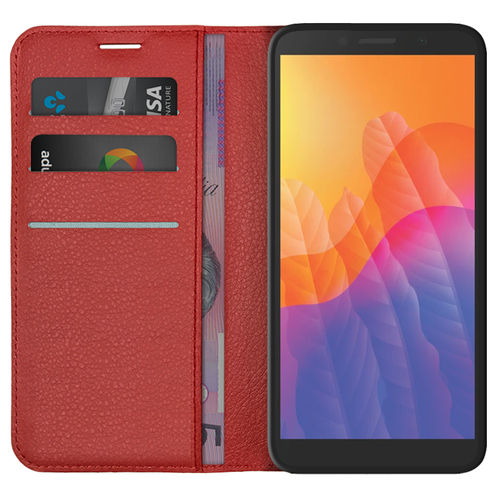 Leather Wallet Case & Card Holder Pouch for Huawei Y5p - Red
