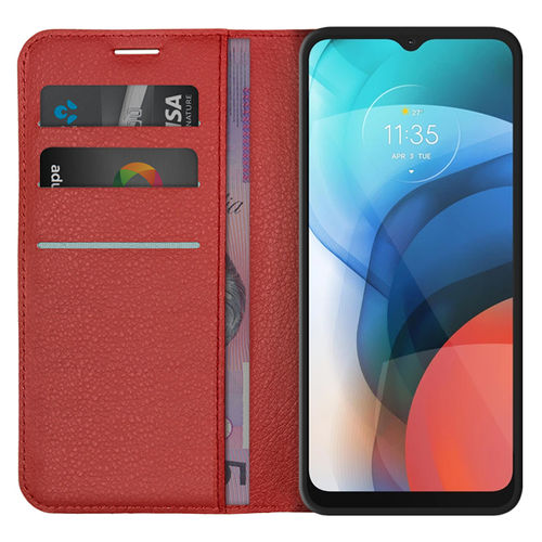 Leather Wallet Case & Card Holder Pouch for Motorola Moto E7 - Red