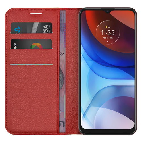 Leather Wallet Case & Card Holder Pouch for Motorola Moto E7 Power - Red