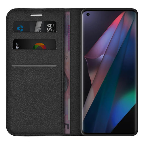 Leather Wallet Case & Card Holder Pouch for Oppo Find X3 Pro - Black
