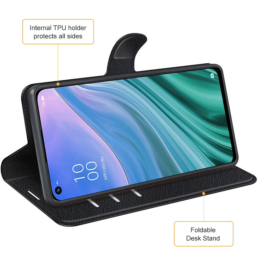 Leather Wallet Case & Card Holder Pouch for Oppo A54 5G / A74 5G - Black