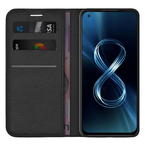 Leather Wallet Case & Card Holder Pouch for Asus Zenfone 8 - Black