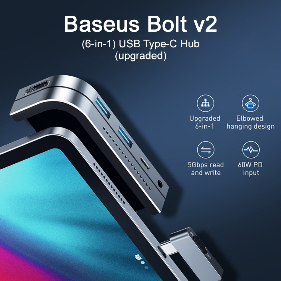 Baseus Bolt v2 (6-in-1) USB Type-C Hub / MicroSD / 3.5mm Aux / HDMI for iPad Pro / Laptop