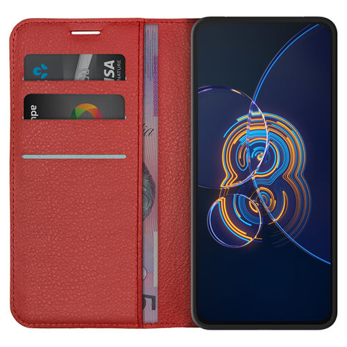 Leather Wallet Case & Card Holder Pouch for Asus Zenfone 8 Flip - Red