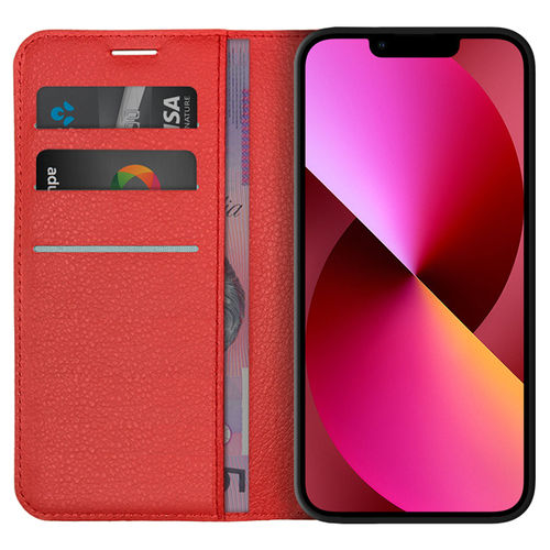 Leather Wallet Case & Card Holder Pouch for Apple iPhone 13 - Red