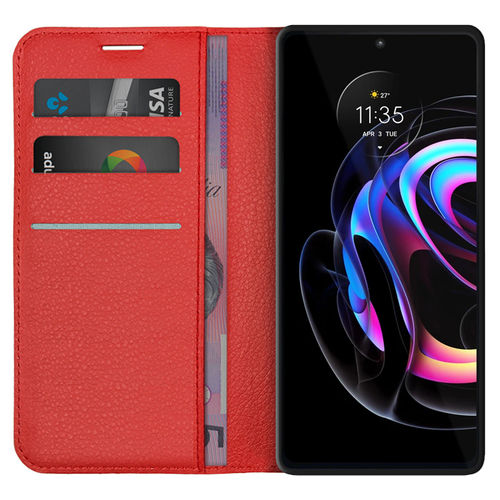 Leather Wallet Case & Card Holder Pouch for Motorola Edge 20 Pro - Red