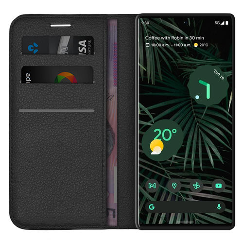 Leather Wallet Case & Card Holder Pouch for Google Pixel 6 Pro - Black