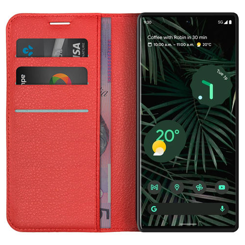 Leather Wallet Case & Card Holder Pouch for Google Pixel 6 Pro - Red