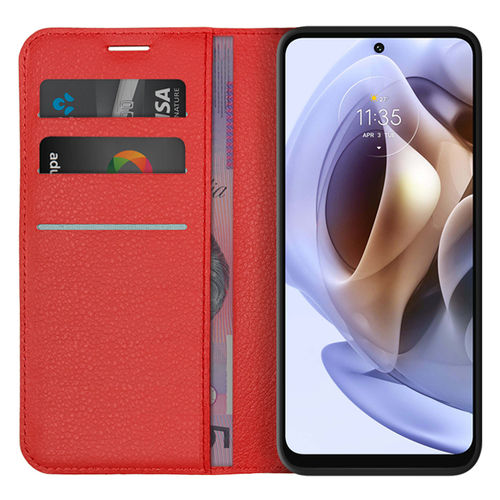 Leather Wallet Case & Card Holder Pouch for Motorola Moto G31 - Red