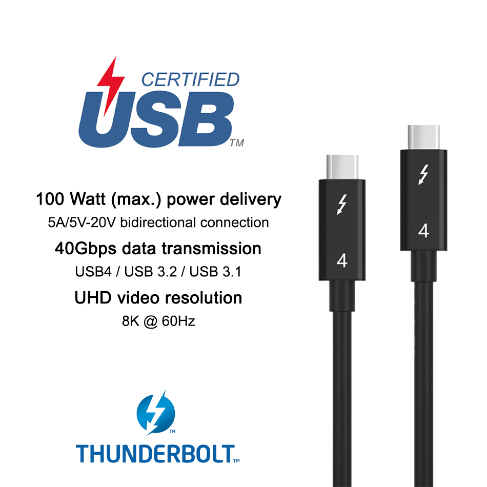 Thunderbolt 4 (100W) USB Type-C PD / 8K UHD Video / 40Gbps Data Charging Cable (0.8m)