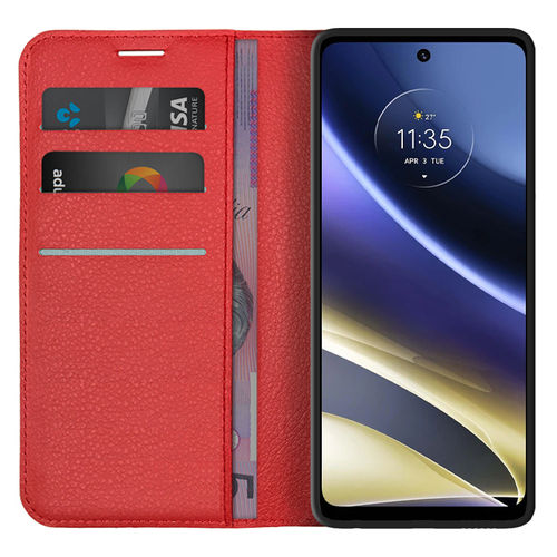 Leather Wallet Case & Card Holder Pouch for Motorola Moto G51 5G - Red