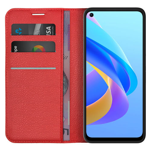 Leather Wallet Case & Card Holder Pouch for Oppo A76 / A96 4G - Red