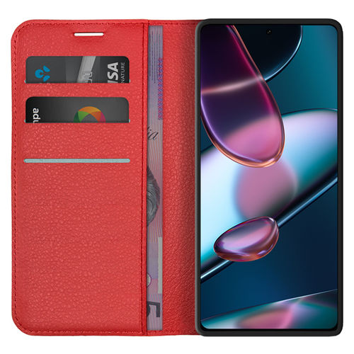 Leather Wallet Case & Card Holder Pouch for Motorola Edge 30 Pro - Red