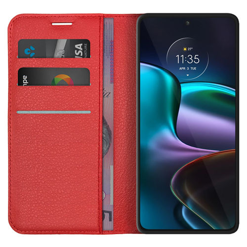 Leather Wallet Case & Card Holder Pouch for Motorola Edge 30 - Red