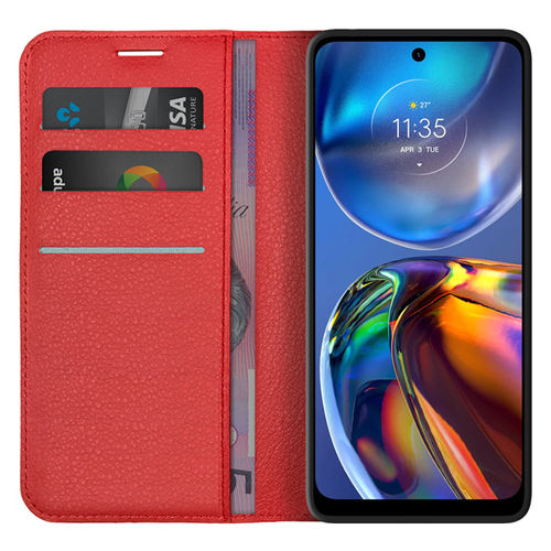 Leather Wallet Case & Card Holder Pouch for Motorola Moto E32 4G - Red