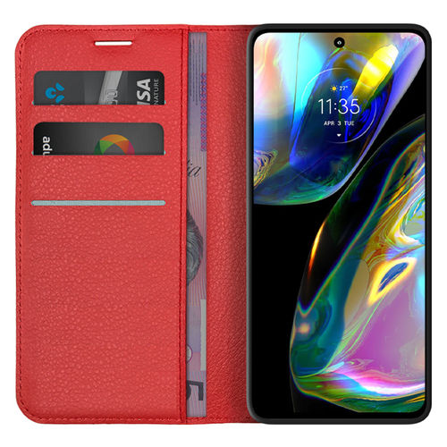 Leather Wallet Case & Card Holder Pouch for Motorola Moto G82 - Red