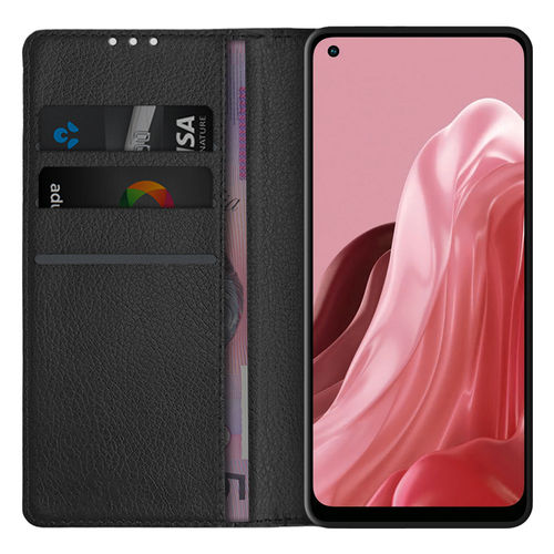 Leather Wallet Case & Card Holder Pouch for Oppo Reno8 Lite - Black