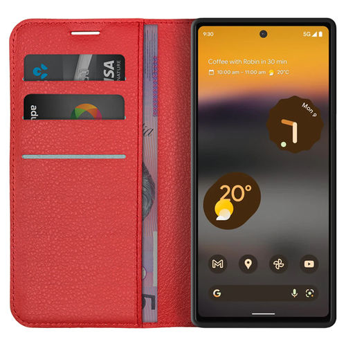 Leather Wallet Case & Card Holder Pouch for Google Pixel 6a - Red