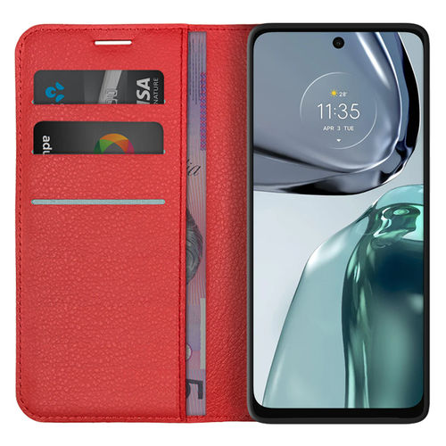Leather Wallet Case & Card Holder Pouch for Motorola Moto G62 - Red