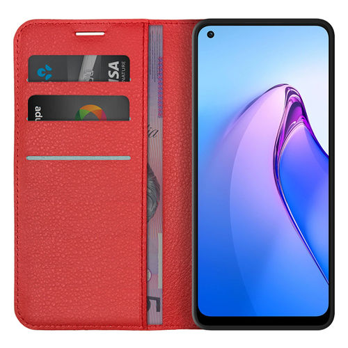 Leather Wallet Case & Card Holder Pouch for Oppo Reno8 - Red