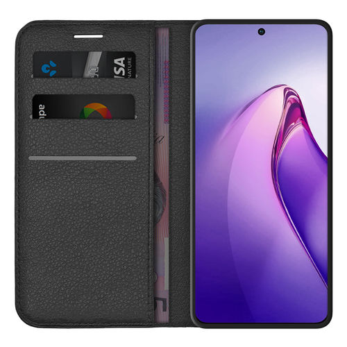 Leather Wallet Case & Card Holder Pouch for Oppo Reno8 Pro - Black