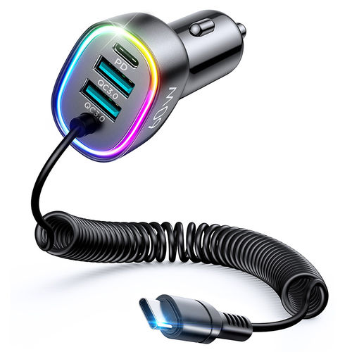 Joyroom (4-in-1) (60W) USB Type-C (PD) Car Charger / Coiled Extendable Cable (1.6m)
