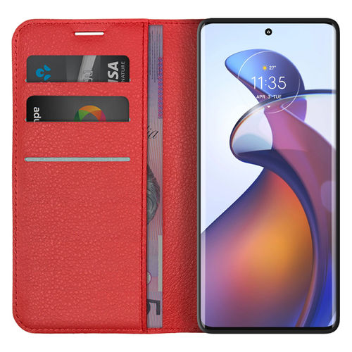 Leather Wallet Case & Card Holder Pouch for Motorola Edge 30 Fusion - Red