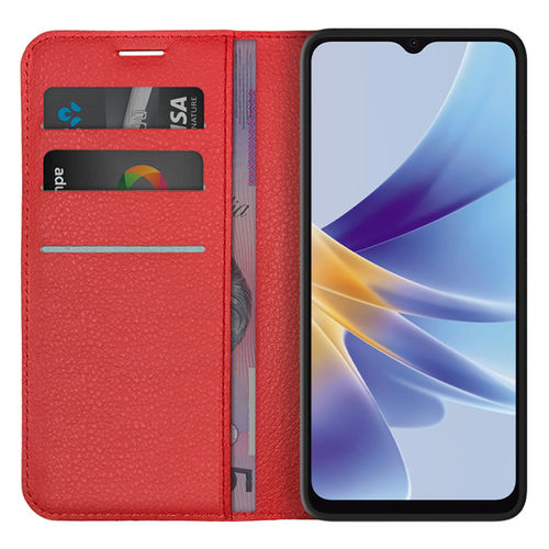 Leather Wallet Case & Card Holder Pouch for Oppo A17 - Red