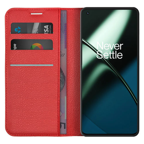 Leather Wallet Case & Card Holder Pouch for OnePlus 11 - Red